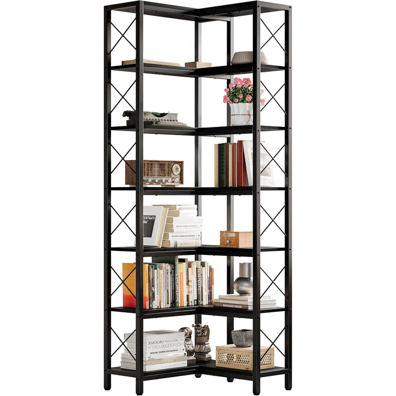 7-Tier Industrial Corner Bookshelf, Corner Shelf, Tall Storage Display Rack with Metal Frame, for Living Room, Home Office