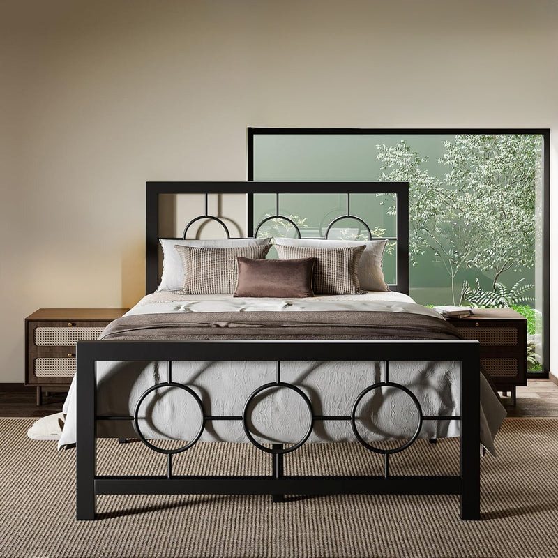 Twin Bed Frame with Metal Modern Vintage Style Headboard, No Springs Required