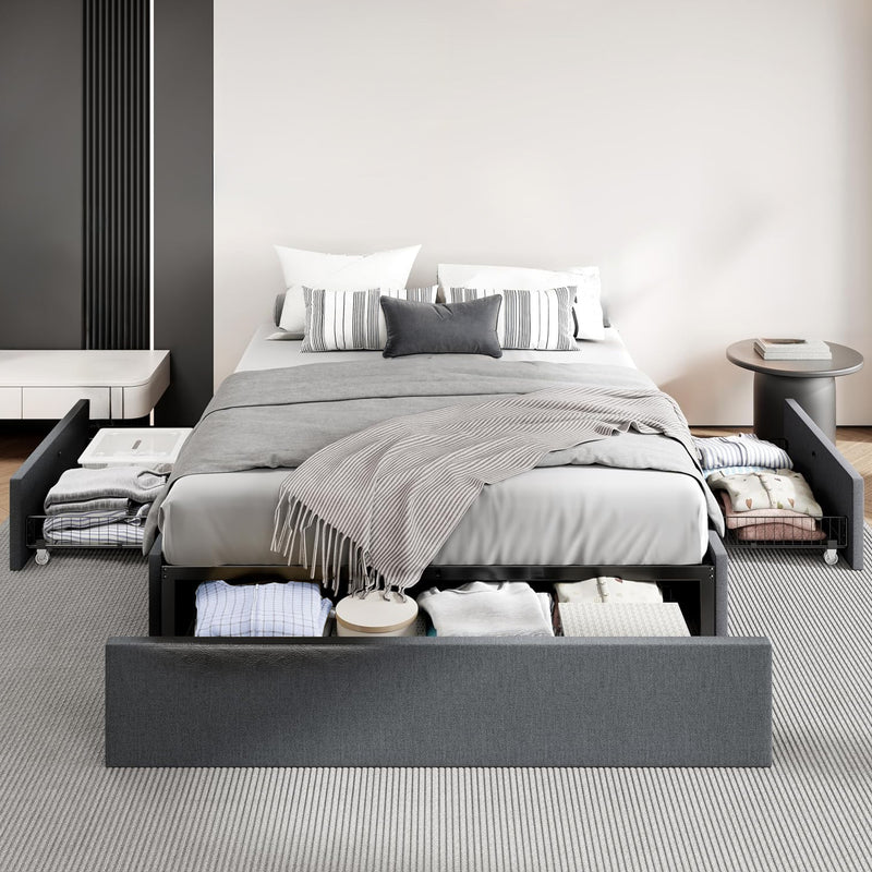 Upholstered Platform Bed Frame with 3 Storage Drawers, No Headboard, No Springs Required, Dark Grey