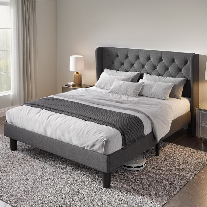 Upholstered Platform Bed with Button Tufted Wingback Headboard, Wooden Slats Support, No Box Spring Needed, Noise Free