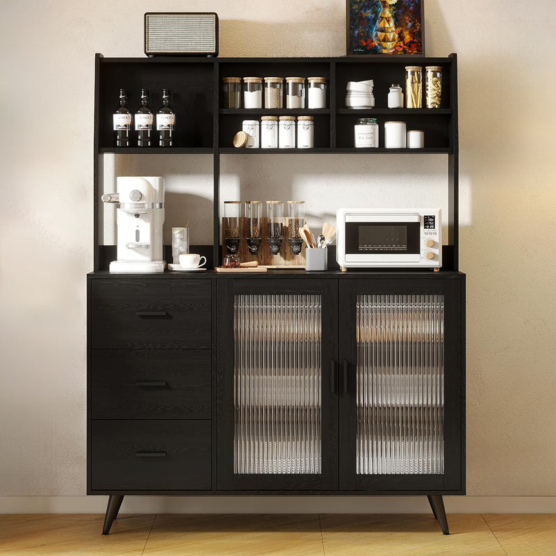 Freestanding Kitchen Sideboard, Kitchen Pantry Cabinet with Microwave Shelf, with Glass Door and 3 Drawers