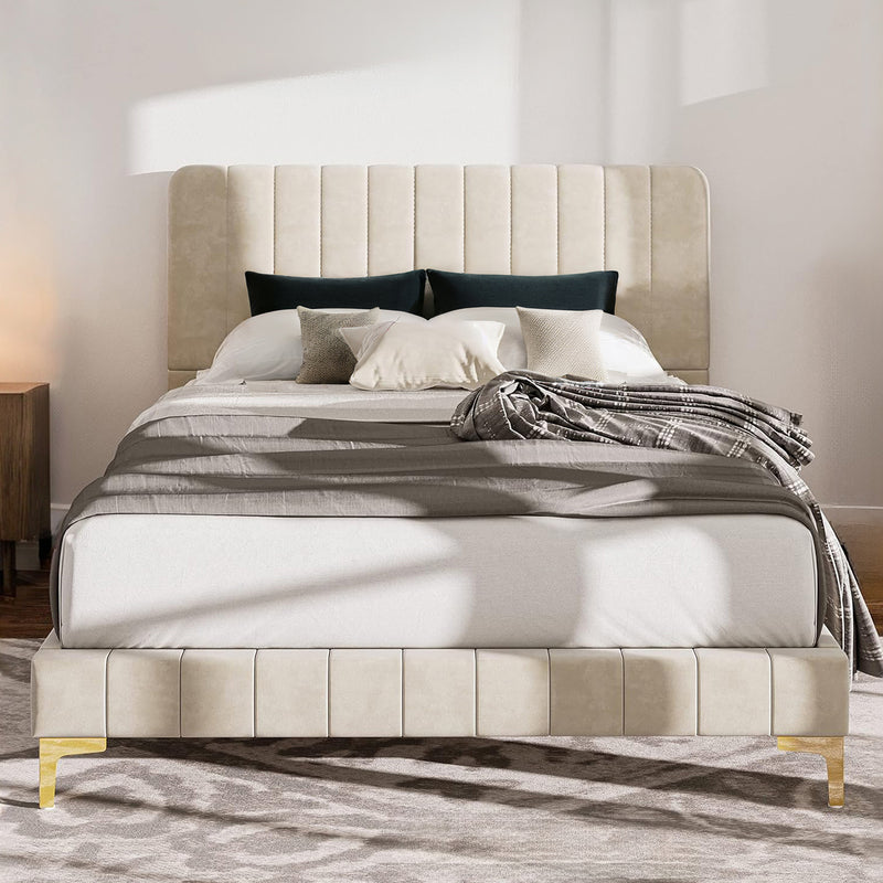Velvet Bed Frame Upholstered Platform Bed with Headboard and Metal Supports, Queen/Full, Beige
