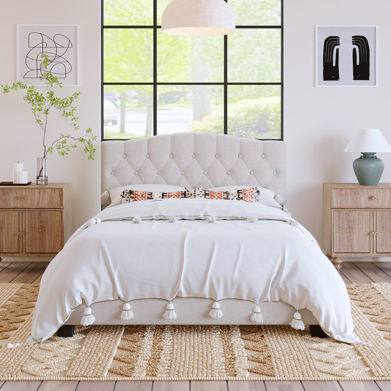 Upholstered Platform Bed with Saddle Curved Headboard and Diamond Tuft, Beige