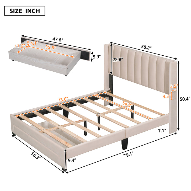 Full Size Velvet Storage Bed Upholstered Platform with a Big Drawer, Beige