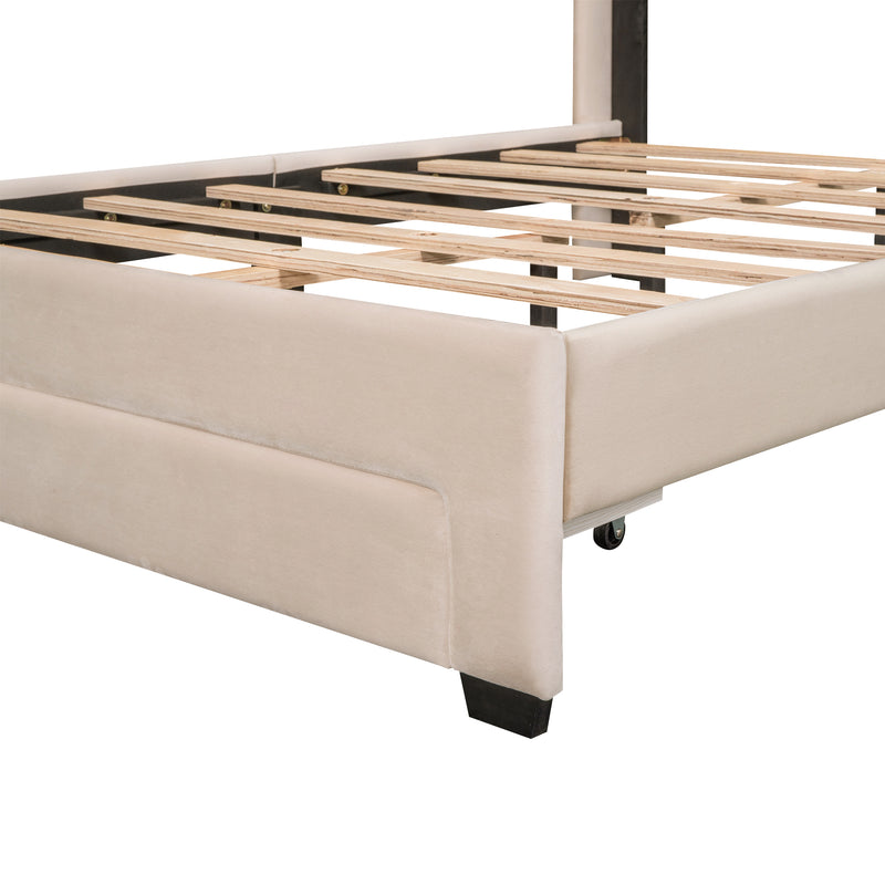 Full Size Velvet Storage Bed Upholstered Platform with a Big Drawer, Beige