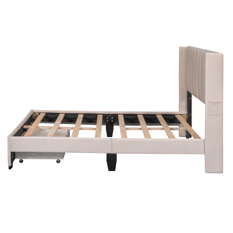 Full Size Velvet Storage Bed Upholstered Platform with a Big Drawer, Beige