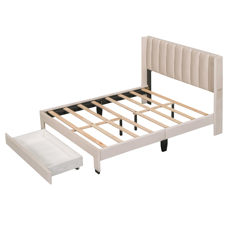 Full Size Velvet Storage Bed Upholstered Platform with a Big Drawer, Beige