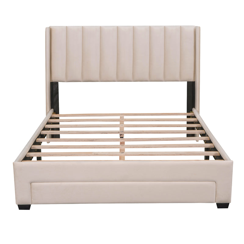 Full Size Velvet Storage Bed Upholstered Platform with a Big Drawer, Beige