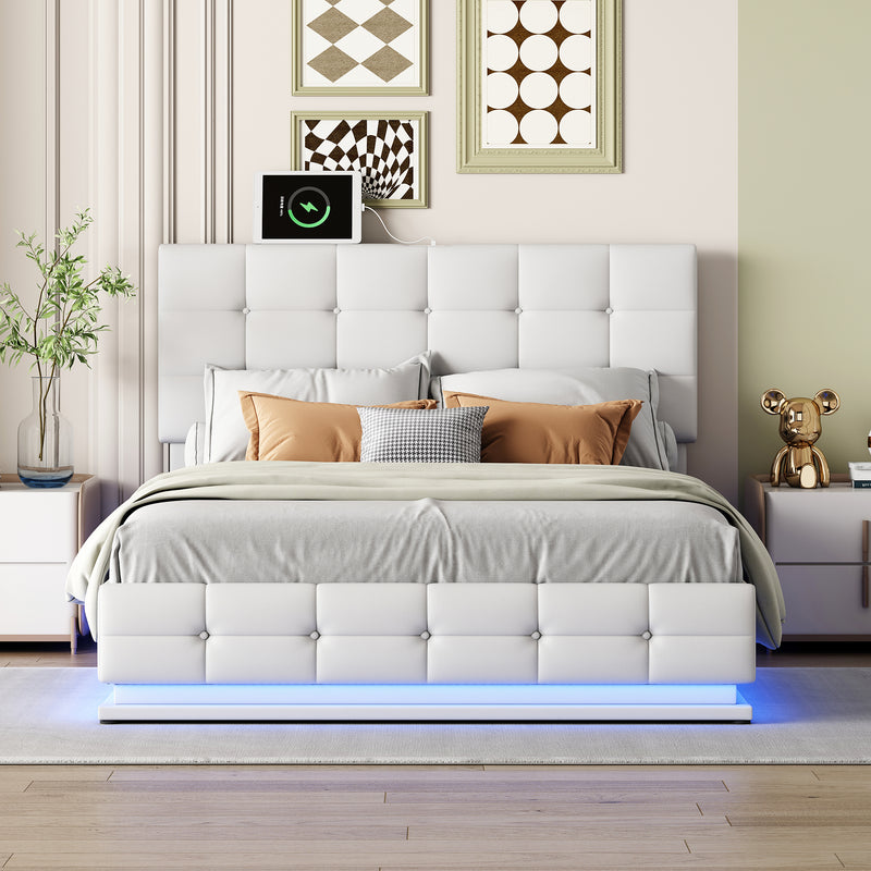 PU Upholstered Platform Bed with Hydraulic Storage System,  LED Lights, and USB charger