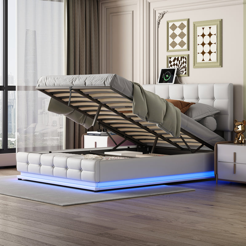 PU Upholstered Platform Bed with Hydraulic Storage System,  LED Lights, and USB charger