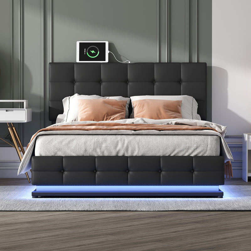 PU Upholstered Platform Bed with Hydraulic Storage System,  LED Lights, and USB charger