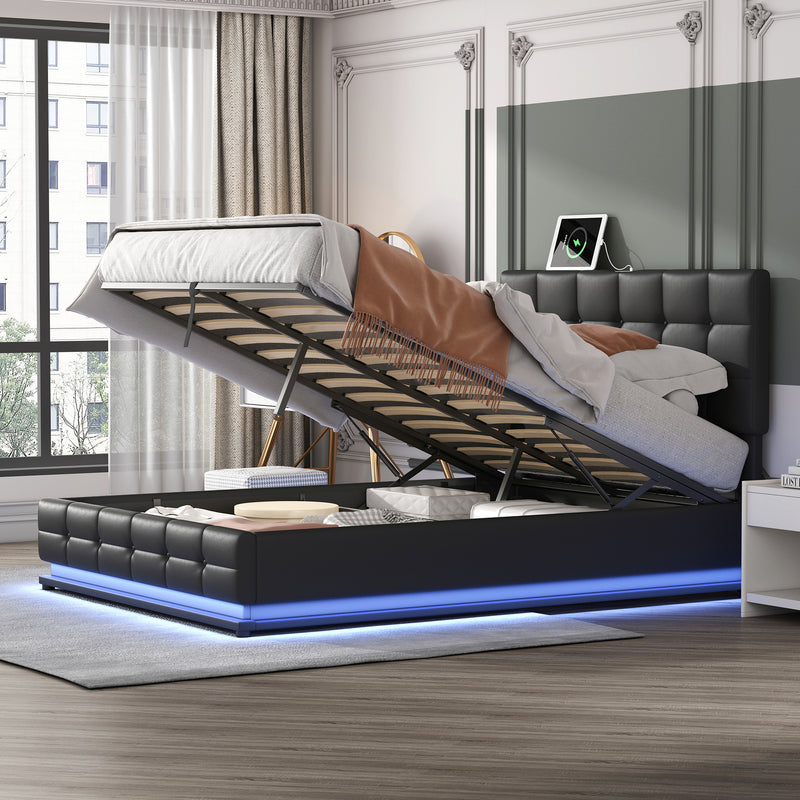 PU Upholstered Platform Bed with Hydraulic Storage System,  LED Lights, and USB charger