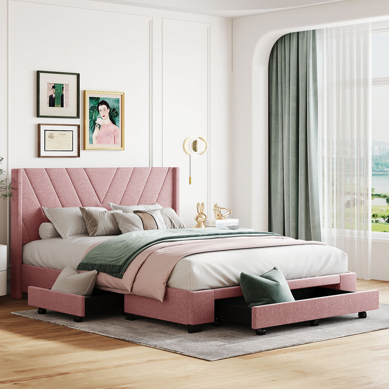 Queen Size Upholstered Platform Bed with 3 Drawers, Beige/Pink/Gray