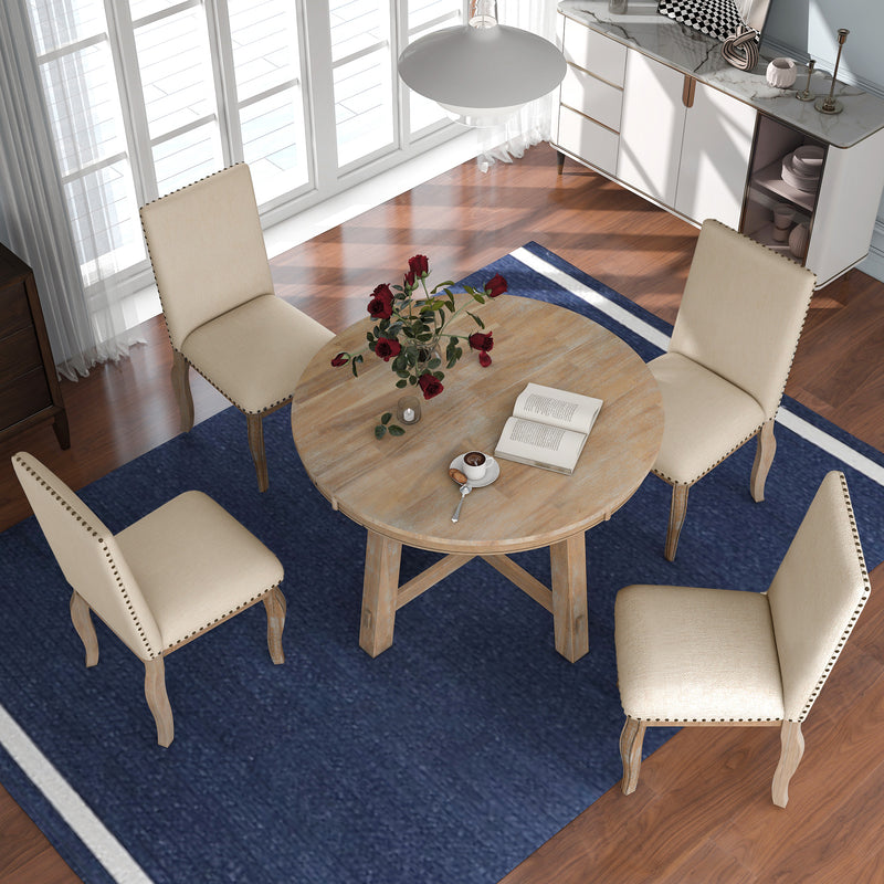 5-Piece Wood Round Extendable Dining Table Set with 1 Dining Table and 4 Upholstered Dining Chairs