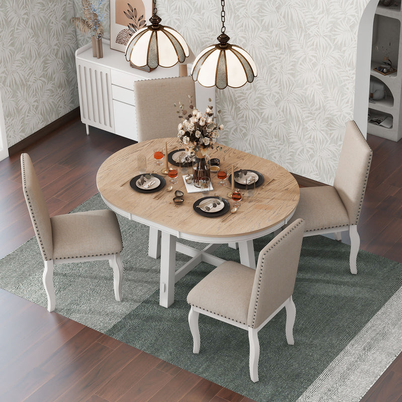 5-Piece Wood Round Extendable Dining Table Set with 1 Dining Table and 4 Upholstered Dining Chairs