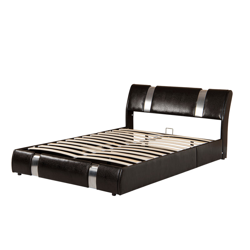 Queen Size Faux Leather Lift Storage Bed Frame with Iron Piece Decor