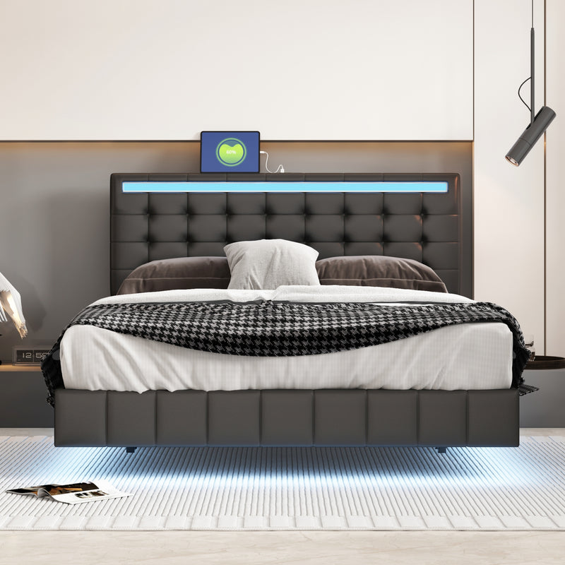 Queen Size Floating Bed Frame with LED Light, PU Upholstered Platform with USB Charging