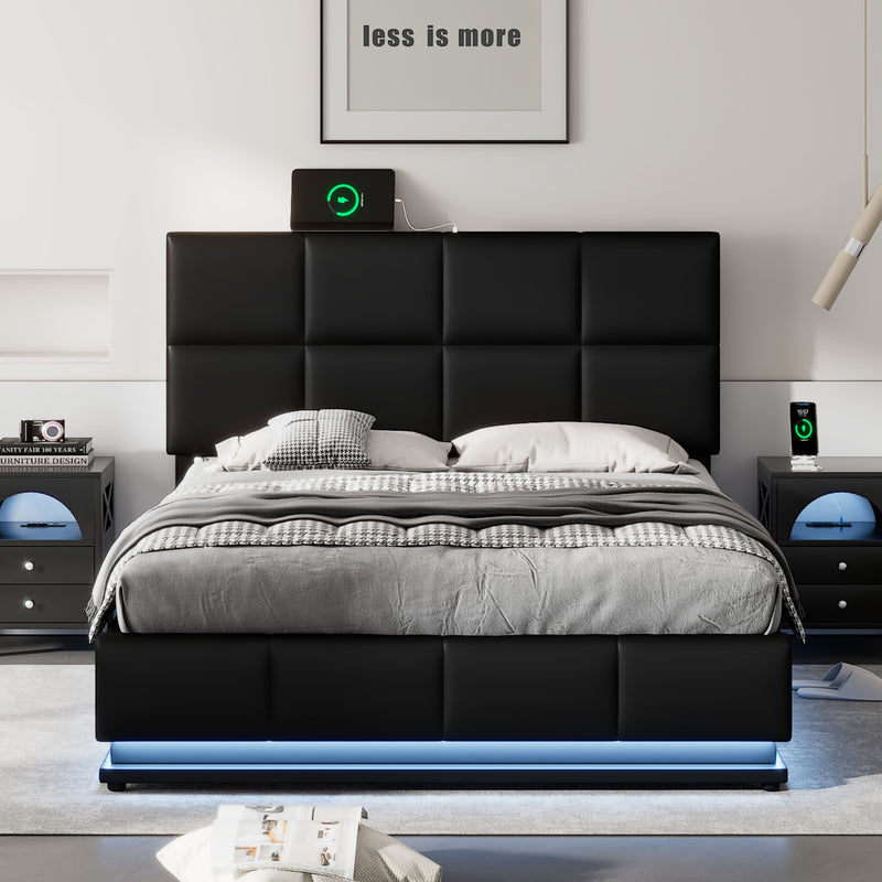 PU Upholstered Platform Bed with Hydraulic Storage System,  LED Lights, and USB charger