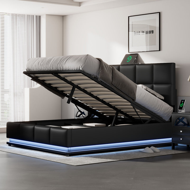 PU Upholstered Platform Bed with Hydraulic Storage System,  LED Lights, and USB charger