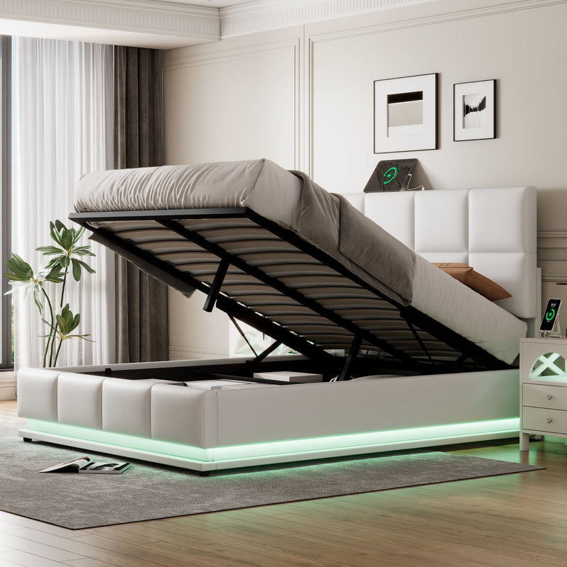 PU Upholstered Platform Bed with Hydraulic Storage System,  LED Lights, and USB charger