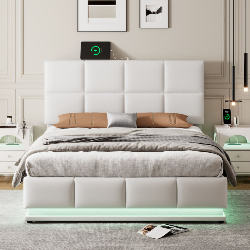 PU Upholstered Platform Bed with Hydraulic Storage System,  LED Lights, and USB charger