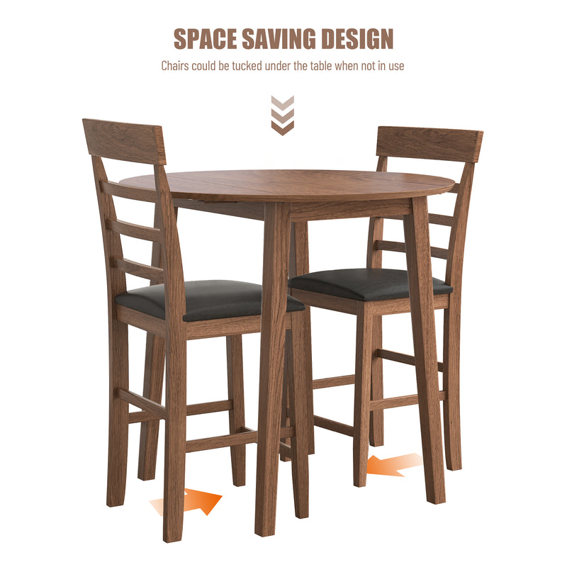 3PCS Round Table Set with 1 Round Drop-Leaf Table and 2 PU leather Upholstered Chairs