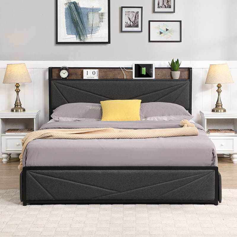 Upholstered Bed Storage Bed Frame with Charging Station and 4 drawers, Full/Queen