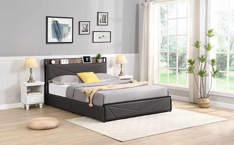 Upholstered Bed Storage Bed Frame with Charging Station and 4 drawers, Full/Queen