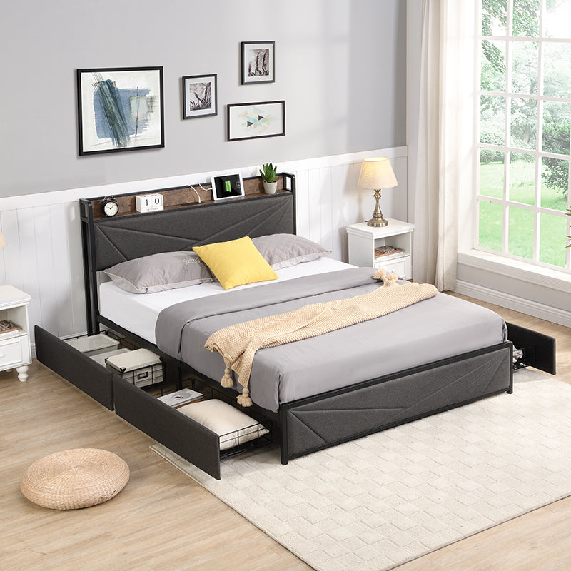 Upholstered Bed Storage Bed Frame with Charging Station and 4 drawers, Full/Queen