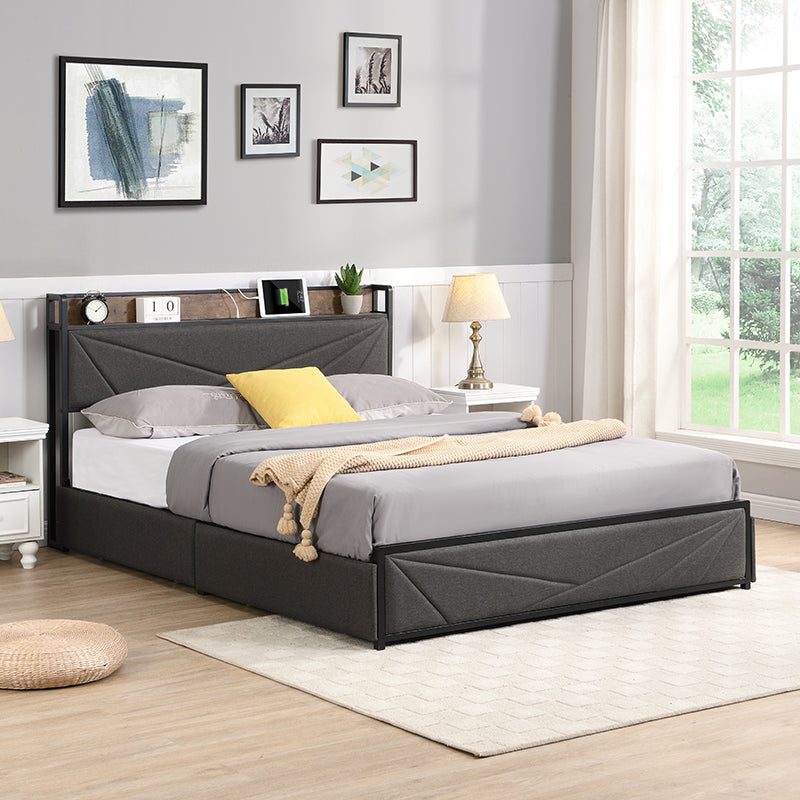 Upholstered Bed Storage Bed Frame with Charging Station and 4 drawers, Full/Queen