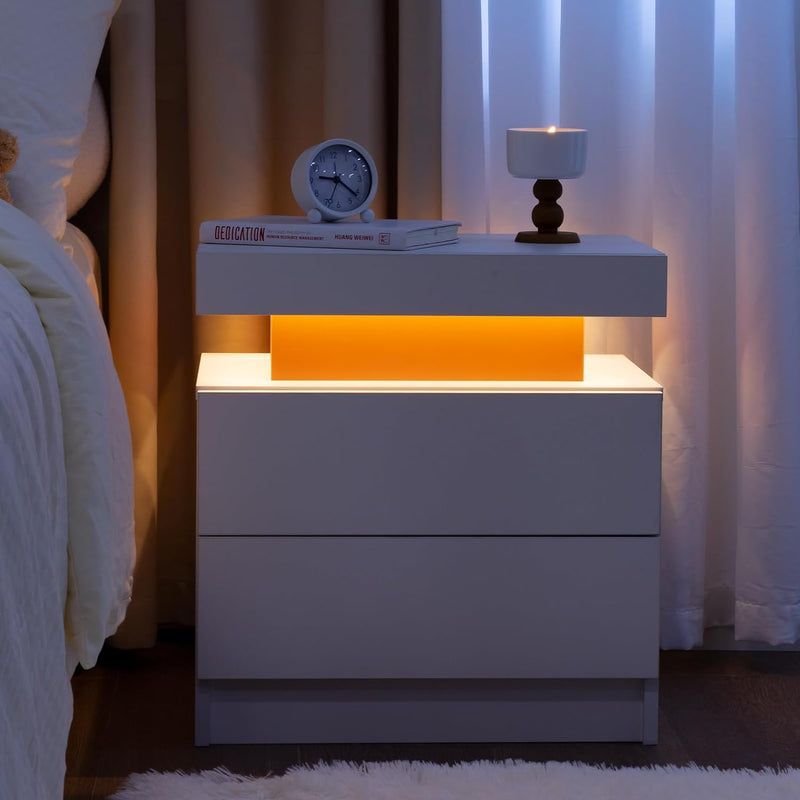 Bedside Table Cabinet with 2 Drawers and LED Light for Bedroom, White
