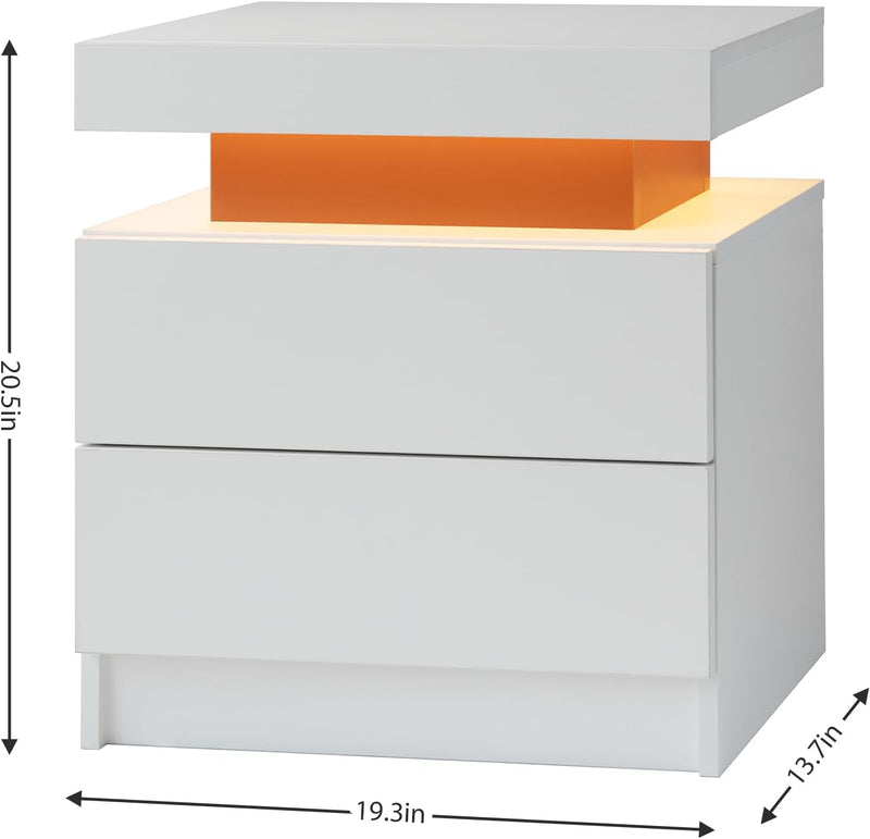 Bedside Table Cabinet with 2 Drawers and LED Light for Bedroom, White