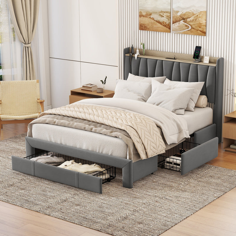 Queen Size Upholstered Platform Bed Frame with Storage Headboard,  3 Drawers, and Charging Station, Dark Gray