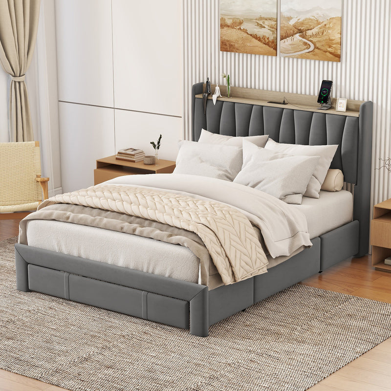 Queen Size Upholstered Platform Bed Frame with Storage Headboard,  3 Drawers, and Charging Station, Dark Gray