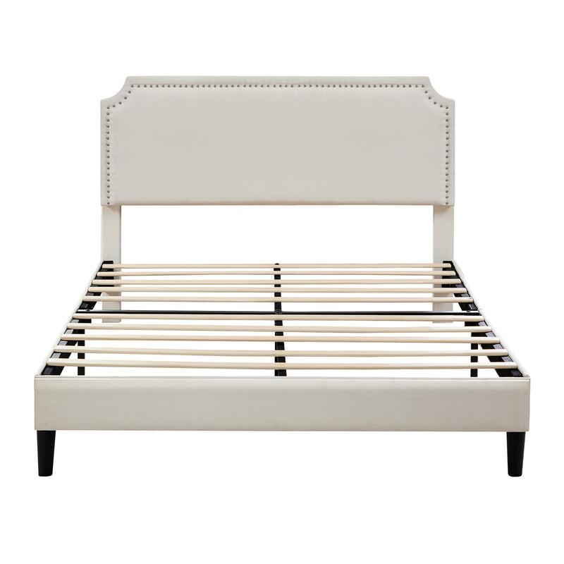 Queen Size Platform Bed with Upholstered Headboard and Slat Support, Beige