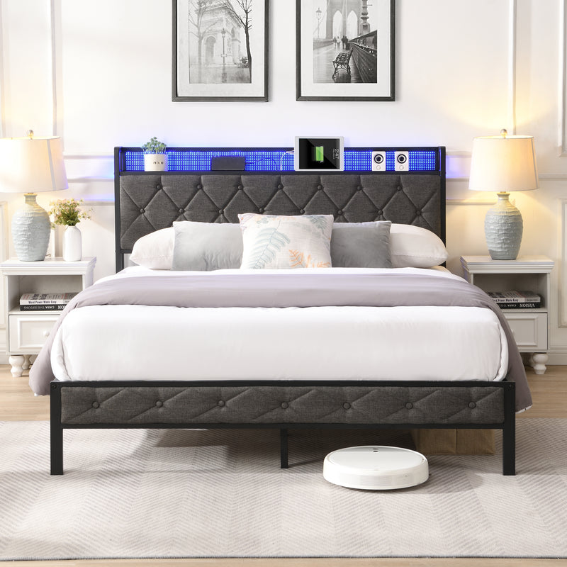 Upholstered Platform Bed Frame with Storage Headboard, Charging Station, and LED Lights, Dark Gray