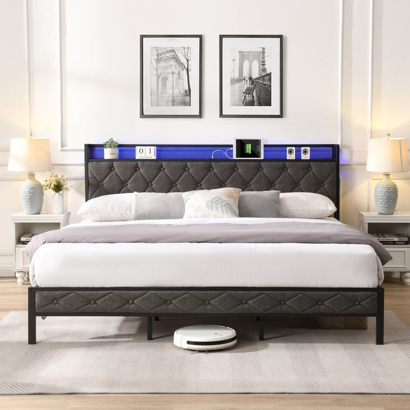 Upholstered Platform Bed Frame with Storage Headboard, Charging Station, and LED Lights, Dark Gray