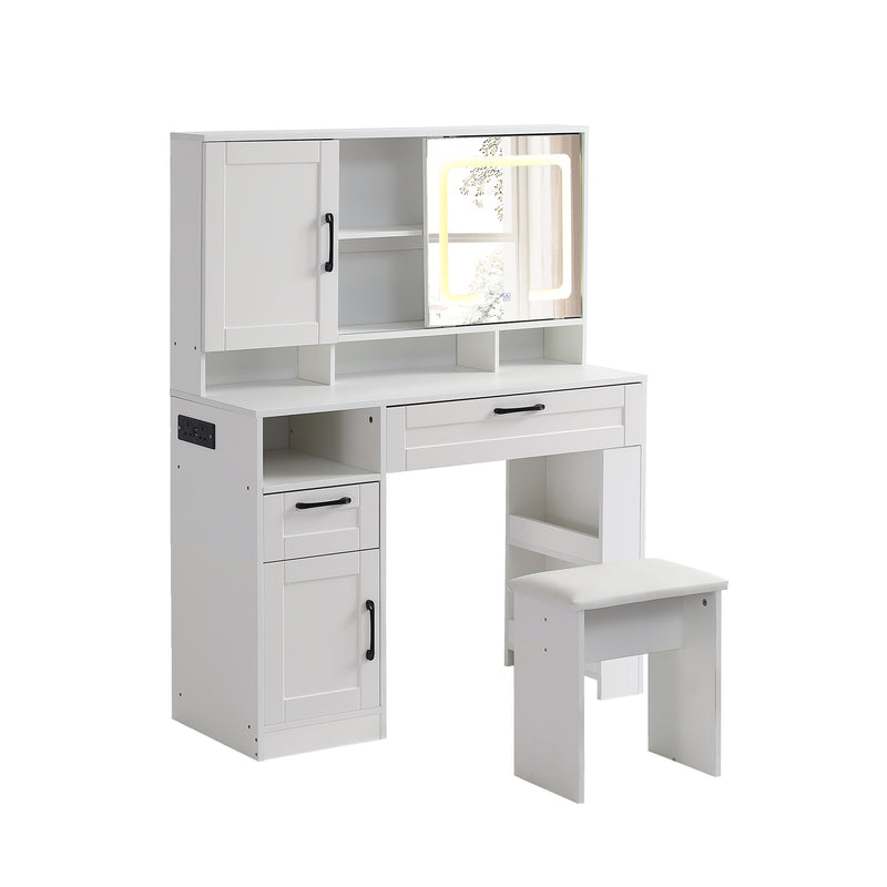 Vanity table set with sliding lighted mirror,  2 drawers, storage shelves, and upholstered stools, white