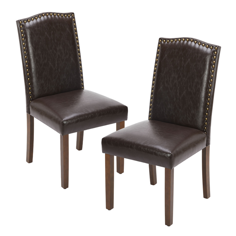 Set of 2 Dining Chairs with Nailhead Trim, Leather Seat with Wooden Legs, Vintage Style Furniture