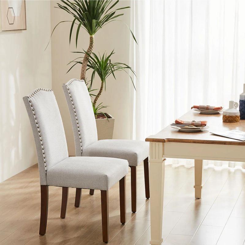 Set of 2 Dining Chairs with Nailhead Trim, Leather Seat with Wooden Legs, Vintage Style Furniture