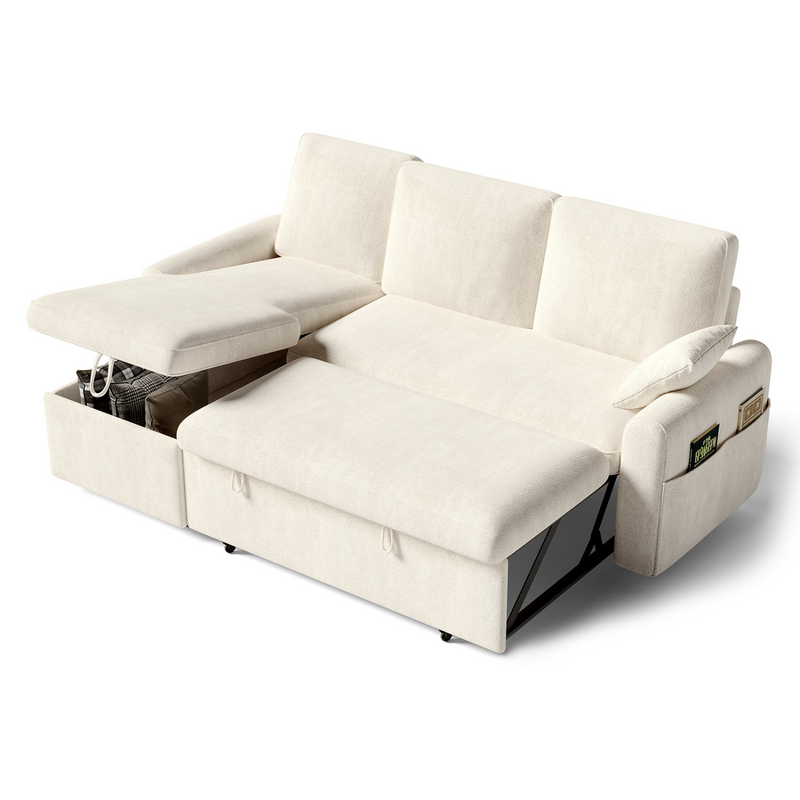 L Shaped Sleeper Sofa with Storage Chaise, Pull Out Couch Bed with 2 Pillows, Sectional Sleeper Couch for Living Room