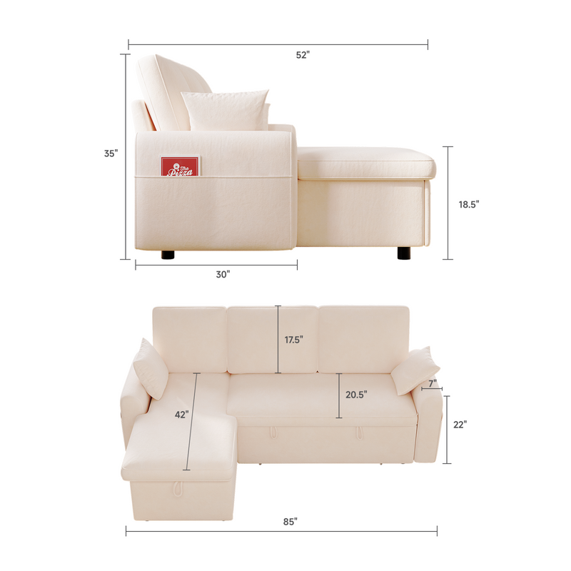 L Shaped Sleeper Sofa with Storage Chaise, Pull Out Couch Bed with 2 Pillows, Sectional Sleeper Couch for Living Room