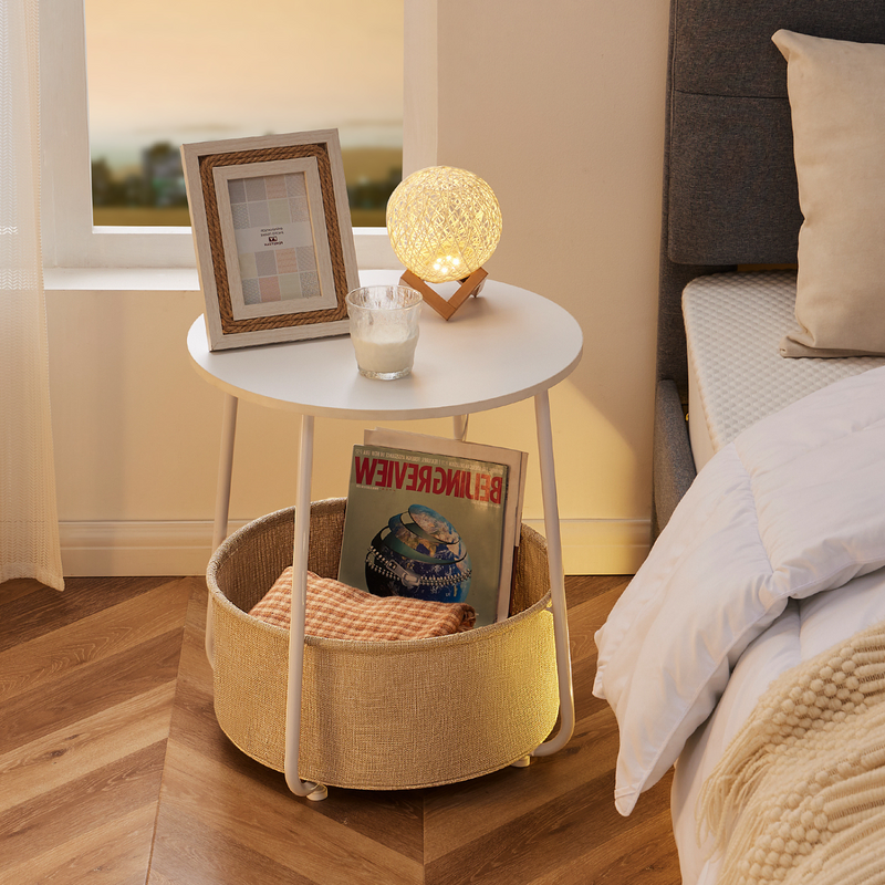 Living Room Round Edge Side Table, Bedside Table, Small Side Table With Fabric Basket