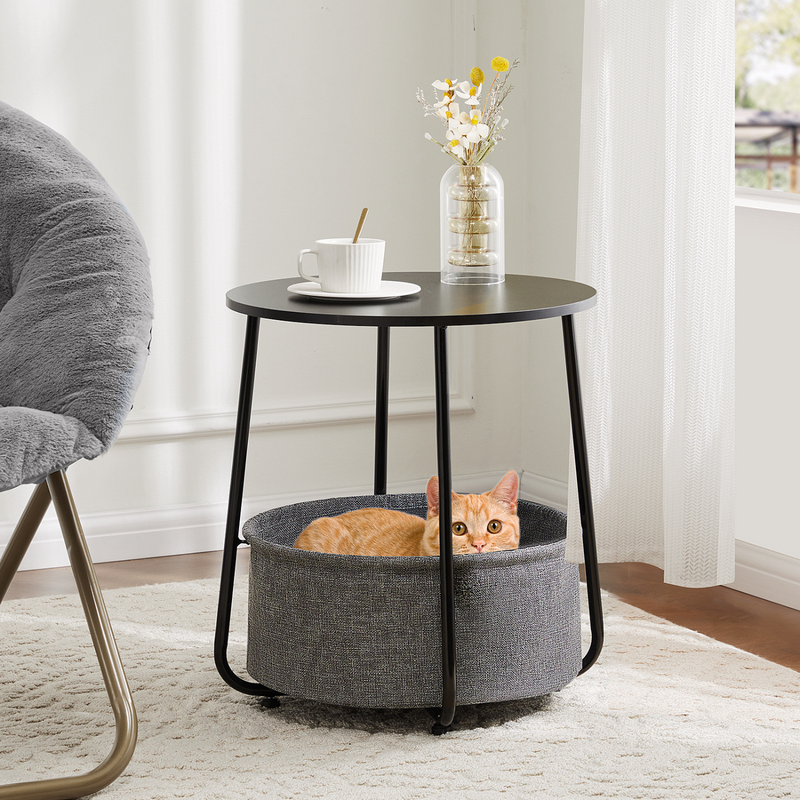 Living Room Round Edge Side Table, Bedside Table, Small Side Table With Fabric Basket