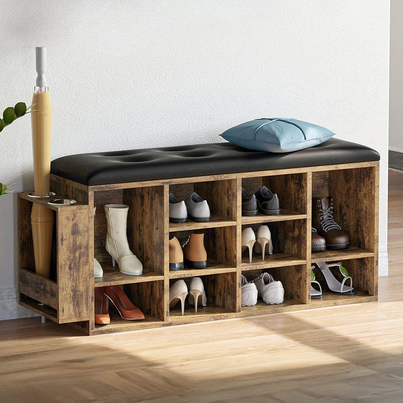 Shoe Bench Seat for Entryway, 10 Compartment Storage Bench with Adjustable Shelves