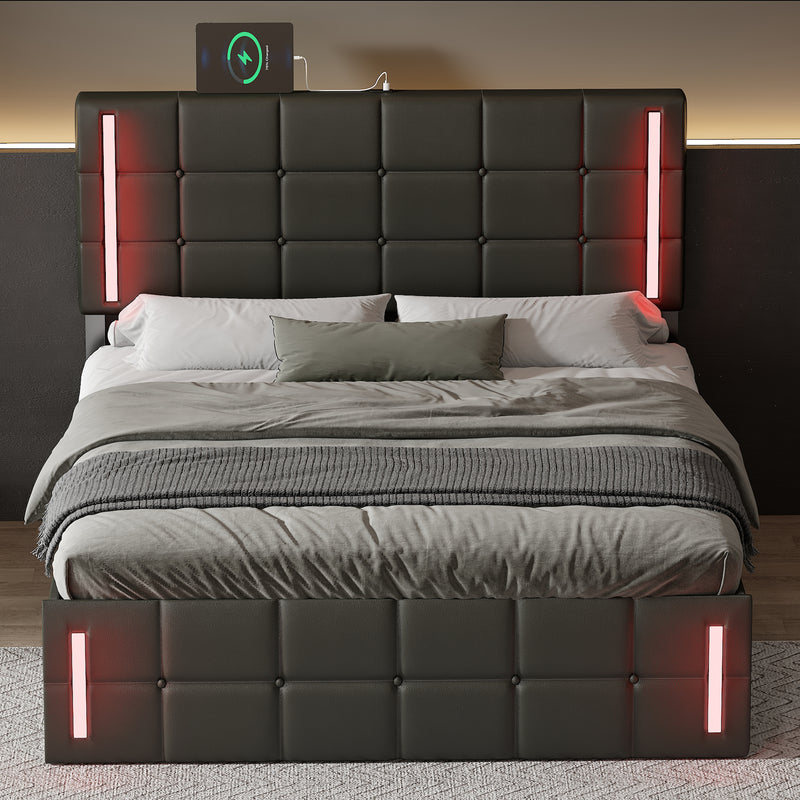 Upholstered Bed with PU Button Headboard, LED Lights, Hydraulic Storage System, and USB Charging Station