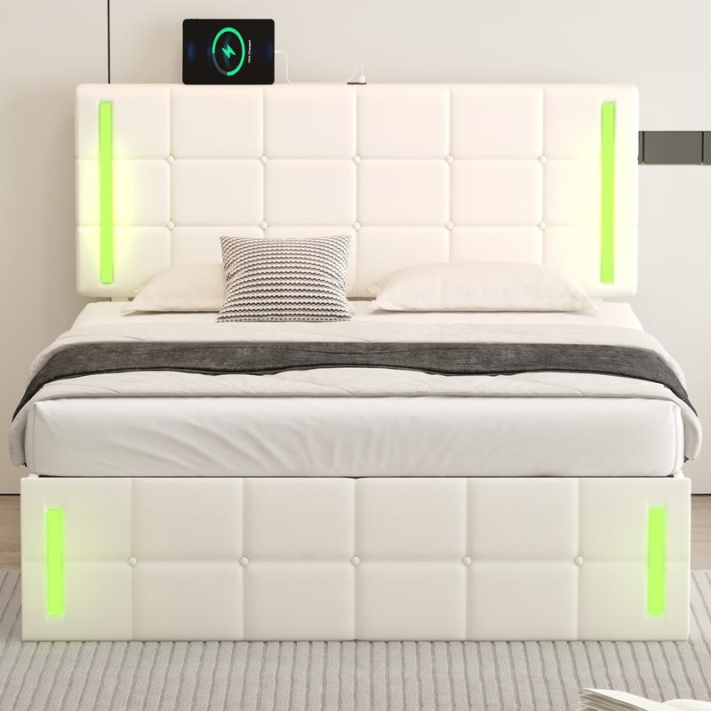 Upholstered Bed with PU Button Headboard, LED Lights, Hydraulic Storage System, and USB Charging Station