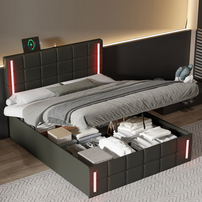 Upholstered Bed with PU Button Headboard, LED Lights, Hydraulic Storage System, and USB Charging Station