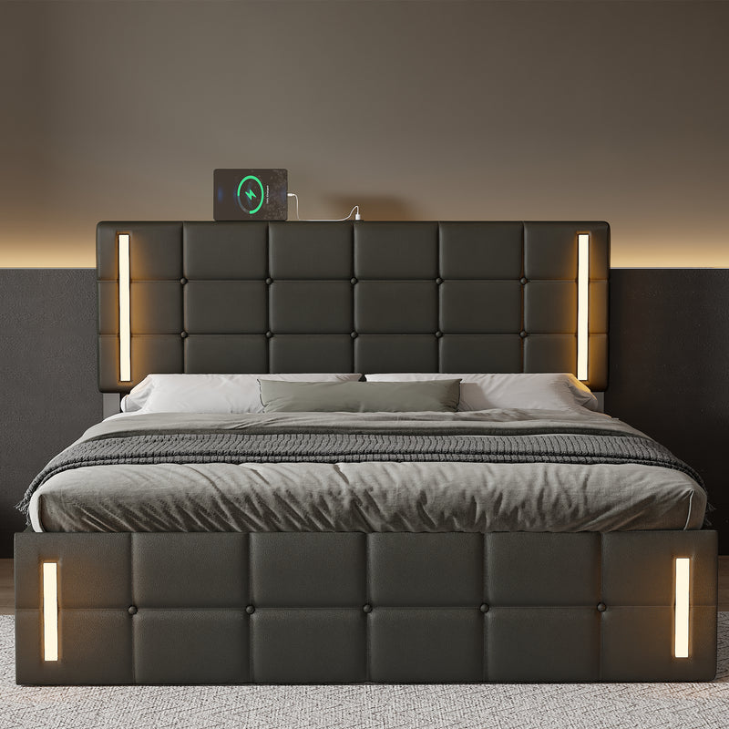 Upholstered Bed with PU Button Headboard, LED Lights, Hydraulic Storage System, and USB Charging Station