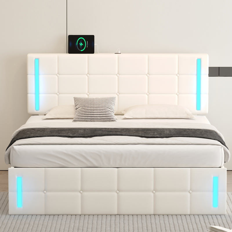 Upholstered Bed with PU Button Headboard, LED Lights, Hydraulic Storage System, and USB Charging Station